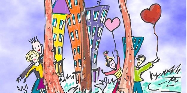 dzieci z balonami w kształcie serc, budynki mieszkalne