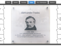 obraz przedstawiający wizerunek Aleksandra Fredry; u góry imiona postaci z utworu; po bokach ich opisy do połączenia z postaciami