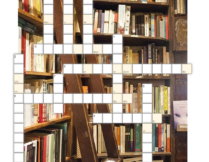 krzyżówka na podstawie książki Carlosa Ruiza Zafona "Więzień nieba"; w tle krzyżówki zdjęcie przedstawiające regały z książkami i drewnianą drabinę