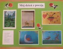 wystawa ścienna; 5 obrazów namalowanych przez dzieci; obrazy są ilustracjami do wierszy wybranych przez dzieci