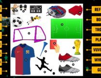 obrazek przedstawia rysunki związane z piłką nożną, takie jak bramka, puchar, boisko, koszulka; po bokach są słowa po angielsku; zadanie polega na połączeniu obrazków ze słowami