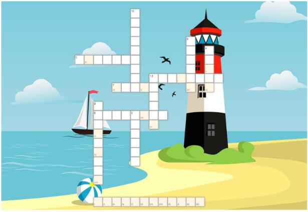 krzyżówka; w tle obrazek przedstawiający morze, plażę, piłkę plażową, latarnię morską i statek