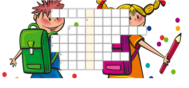 krzyżówka - w tle obrazek przedstawiający chłopca i dziewczynkę z tornistrami; dziewczynka trzyma ołówek; wokół nich na białym tle kolorowe kropki