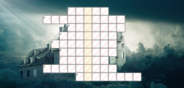 krzyżówka; w tle obrazek przedstawiający dom otoczony ciemnymi chmurami; panuje atmosfera mroku, tajemniczości