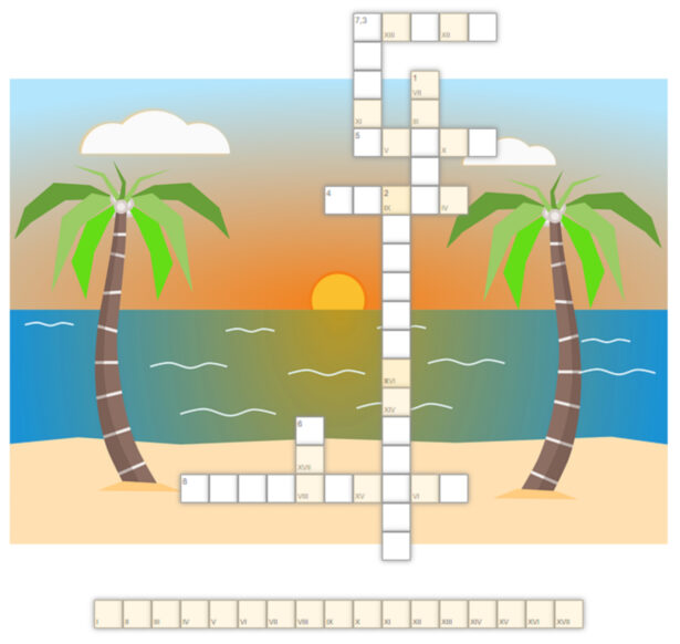 krzyżówka; w tle obrazek przedstawiający plażę, palmy, morze i zachodzące słońce