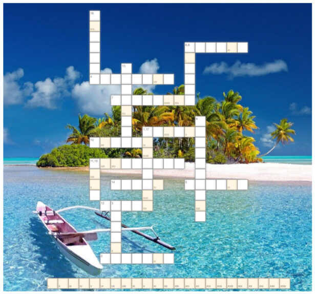krzyżówka; w tle zdjęcie przedstawiające tropikalną małą wyspę z palmami, plażą; przy wyspie na krystalicznie czystej wodzie jest mała łódka