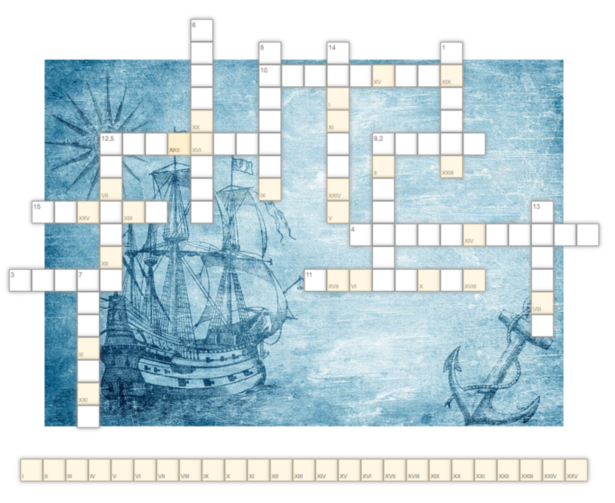 krzyżówka na podstawie utworu Stefana Żeromskiego "Wiatr od morza"; w tle obrazek przedstawiający statek i kotwicę