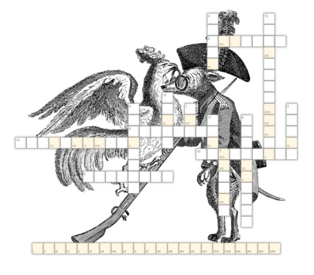 krzyżówka; w tle obrazek przedstawiający orła i borsuka