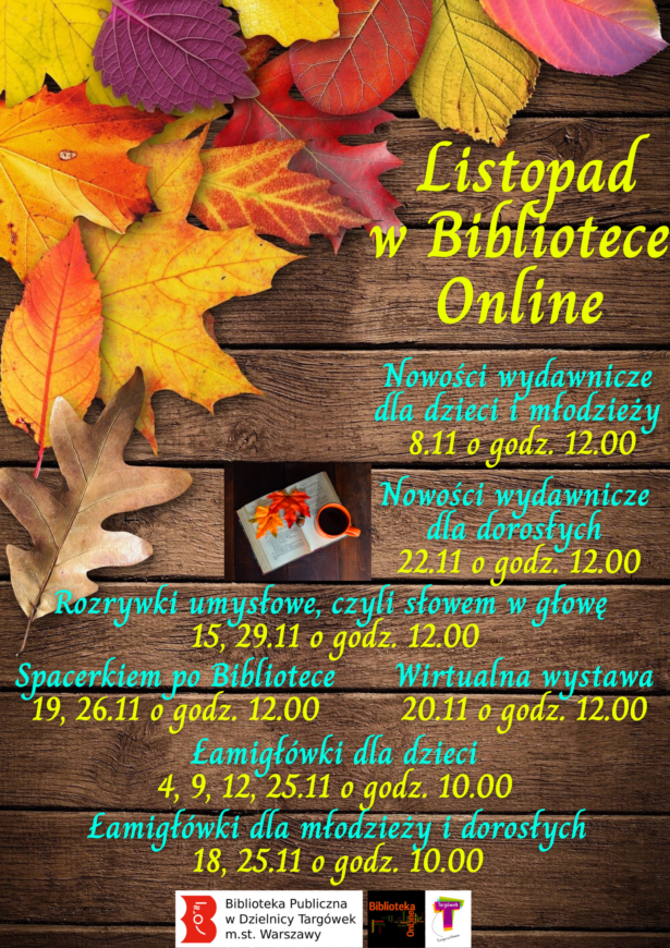 Plakat promujący wydarzenia publikowane w Bibliotece Online w listopadzie. Grafika o tematyce jesiennej.