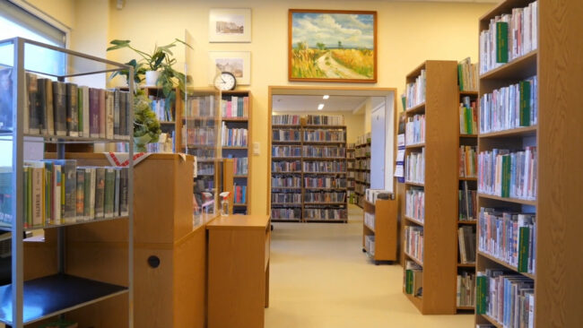 regały pełne książek, na ścianie obraz - droga polna