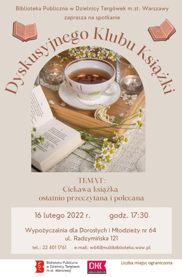 plakat informujący o spotkaniu DKK; na plakacie widnieje obrazek przedstawiający filiżankę kawy