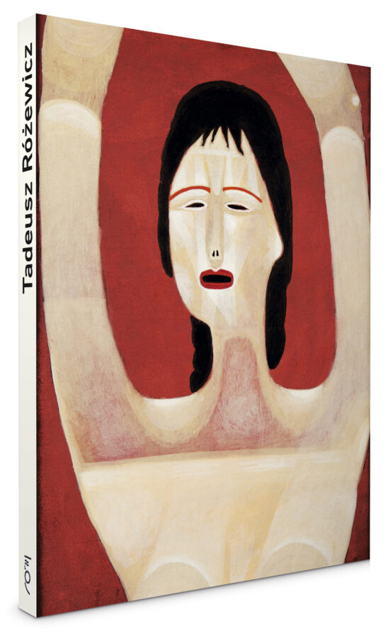 okładka bibliofilskiej edycji wyboru wierszy Tadeusza Różewicza "Czas, który idzie"; na okładce widnieje obraz przedstawiający kobietę z uniesionymi rękami
