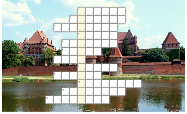 krzyżówka; w tle zdjęcie zamku w Malborku