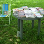 książki na stoliku na trawie, obok leżak