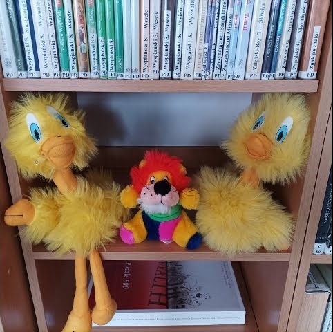 maskotki na półce pomiędzy książkami