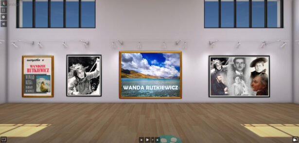 wirtualna sala; na ścianach okładki książek o Wandzie Rutkiewiczi i informacje o tej himalaistce