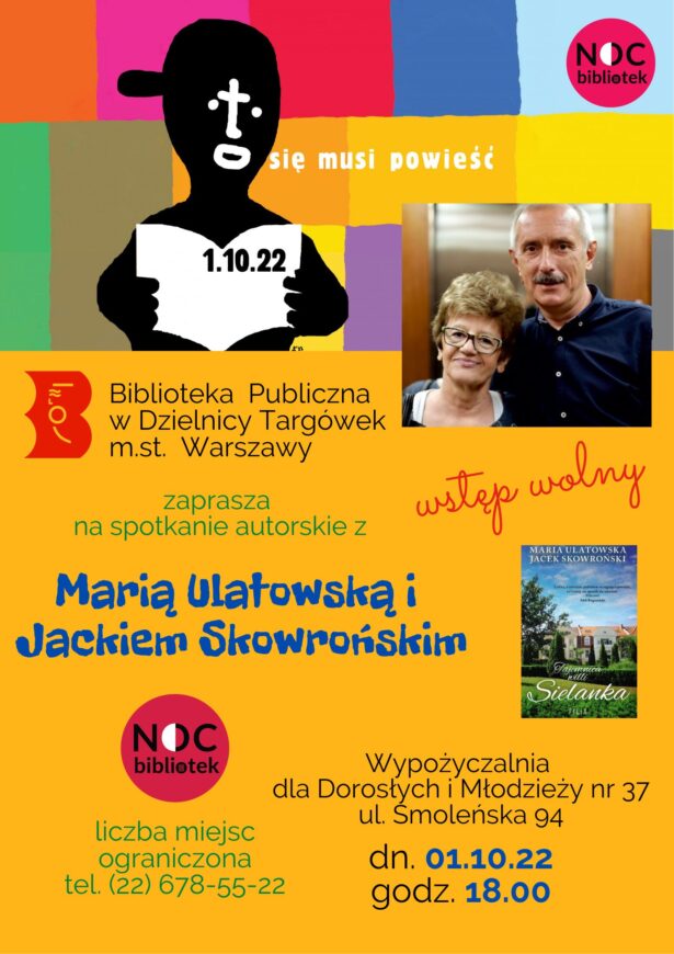 Plakat zapraszający do udziału w spotkaniu autorskim z Marią Ulatowską i Jackiem Skowrońskim w Wypożyczalni dla Dorosłych i Młodzieży nr 37 prz ul. Smoleńskiej 94 w dniu 1 października br . o godz. 18.00.