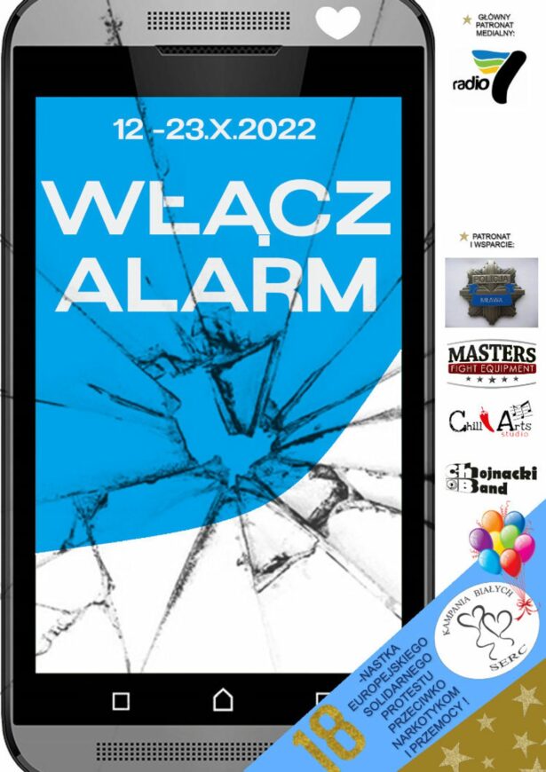 na plakacie obrazek ze smartfonem ze stłuczonym ekranem, na nim napis: włącz alarm 12-23.10.2022