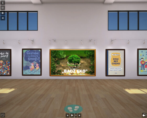 wirtualna sala wystawowa; na ścianach widnieją okładki książek dotyczących ekologii, natury, zero waste