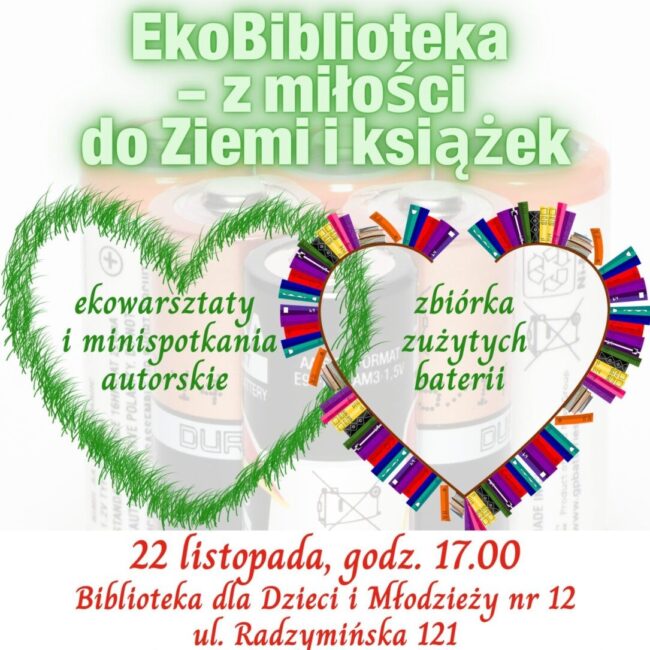 plakat z zaproszeniem na warsztaty 22 listopada o godz. 17 w bibliotece dla dzieci i młodzieży nr 12 przy ul. Radzymińskiej 121