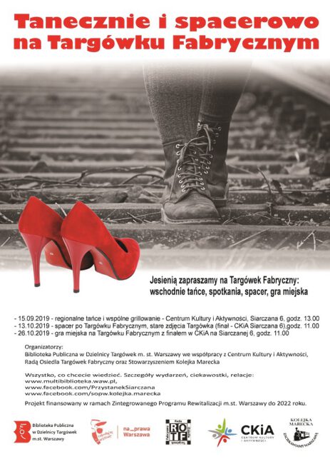 plakat promujący projekt; zdjęcie czerwonych butów - szpilek zestawione z czarno-białym zdjęciem torów i butów terenowych