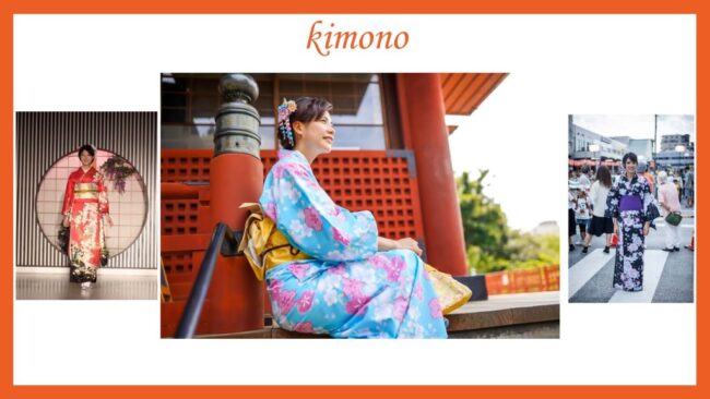3 zdjęcia, na każdym Japonka w kimono