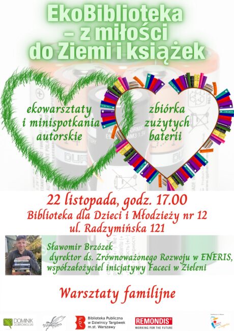 plakat z zaproszeniem na warsztaty 22 listopada o godz. 17 w bibliotece dla dzieci i młodzieży nr 12 przy ul. Radzymińskiej 121