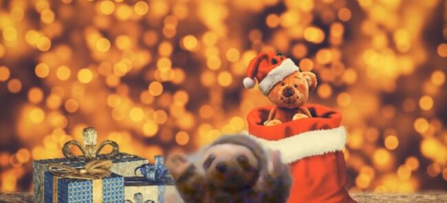 biblioteczna pacynka Lu; w tle maskotka misia w czapce mikołaja, wystająca ze skarpety mikołajowej; obok Lu również prezenty