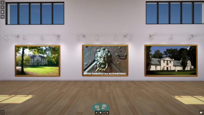wirtualna sala, na ścianach zdjęcia muzeów wymienionych we wpisie wraz z informacjami o tych muzeach