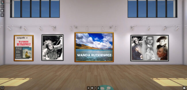 wirtualna sala, na ścianach okładki książek o himalaizmie i o Wandzie Rutkiewicz