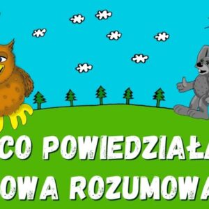 na obrazku sowa i zając, małe drzewa, chmurki, łąka