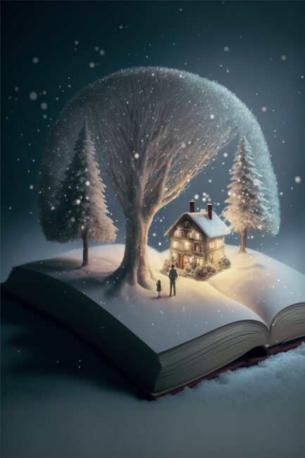 z dużej książki leżącej na śniegu wyrastają drzewa, na książce jest też oświetlony domek, do którego idzie mężczyzna z dziewczynką