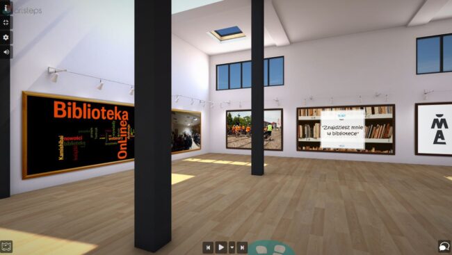 wirtualna sala, na ścianach zdjęcia i opisy tego, co się dzieje w bibliotece na Targówku