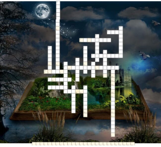 krzyżówka; w tle grafika przedstawiająca otwartą książkę, z której wyrastają zamek, skały i zieleń, wokół książki niebo o zmierzchu, lecący orzeł, drzewo