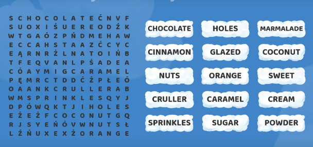 wykreślanka - w rozsypance literowej należy znaleźć angielskie słowa związane ze słodkościami