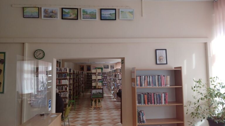 obrazy wiszące na ścianie; wokół regały z książkami