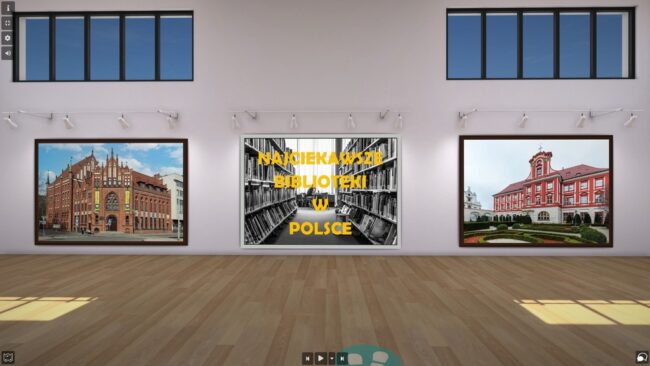 wirtualna sala, na ścianach zdjęcia bibliotek wymienionych w tym wpisie
