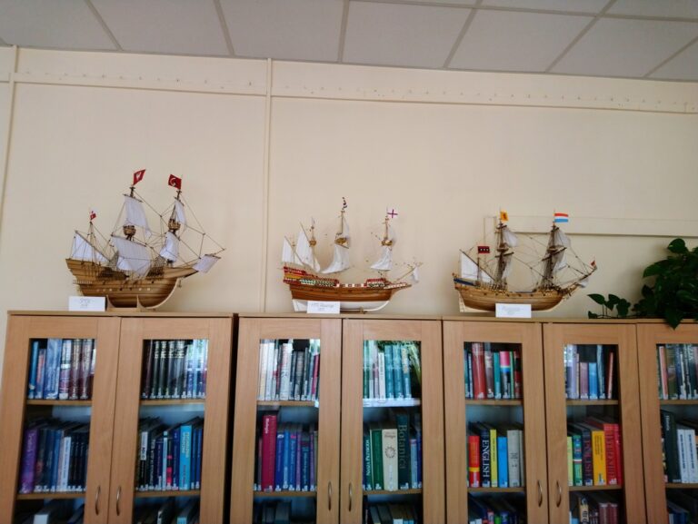 wystawa modeli statków; statki leżą na regałach bibliotecznych