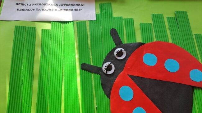 biedronka papierowa; napis "dzieci z przedszkola Wyszogród dziękują za bajkę o biedronce