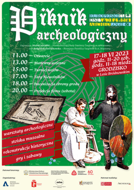 plakat promujący piknik archeologiczny w lesie bródnowskim w dniach 17-18 czerwca 2023