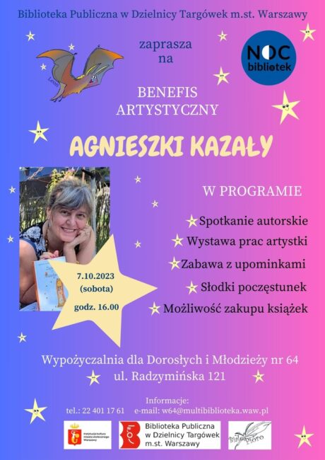 plakat promujący benefis Agnieszki Kazały; na plakacie uśmiechnięty nietoperz Leon i uśmiechnięte gwiazdy