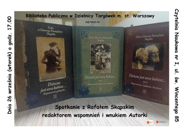 plakat promujący spotkanie z Rafałem Skąpskim; na plakacie zdjęcie książek z cyklu Dziwne jest serce kobiece