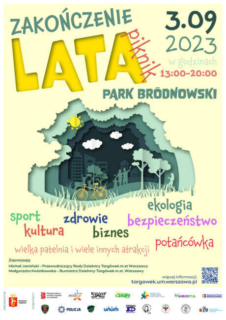 na obrazku muszla koncertowa, dookoła niej drzewa, słońce, napis 3 września 2023 park bródnowski 13.00-20.00