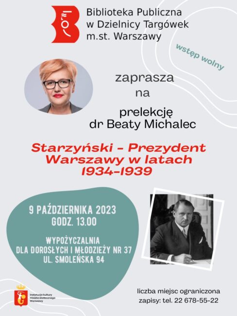 plakat promujący prelekcję dr Beaty Michalec o Stefanie Starzyńskim