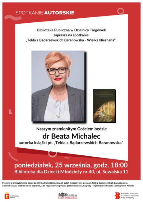 plakat promujący spotkanie z Beatą Michalec 25 września 2023 o godz. 18 w Bibliotece dla Dzieci i Młodzieży nr 40 przy ul. Suwalskiej 11