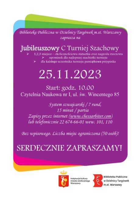 plakat promujący jubileuszowy 100. turniej szachowy 28.10.2023 w czytelni naukowej nr I