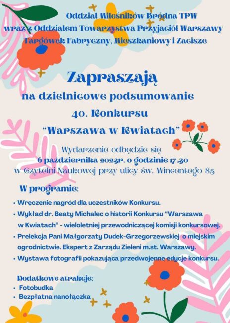 plakat promujący podsumowanie 40. edycji konkursu Warszawa w kwiatach