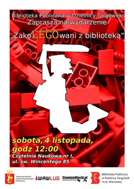 na plakacie syrenka stworzona z klocków Lego, plakat promuje wydarzenie Zakolegowani z biblioteką 4 listopada o godz. 12.00 w Czytelni Naukowej nr I