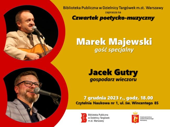 na plakacie zdjęcia Marka Majewskiego i Jacka Gutrego - artystów, którzy wystąpią 7 grudnia w czytelni naukowej nr I przy ul. św. Wincentego 85