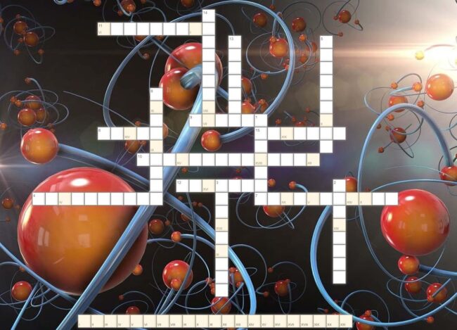 krzyżówka; w tle atomy